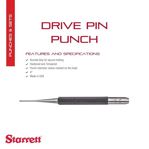 Starrett Drive Pin Punch with Knurled Grip for Driving Pins Into or Out of a Workpiece - Hardened and Tempered Steel, 4" Length, 1/16" Punch Diameter - 565A
