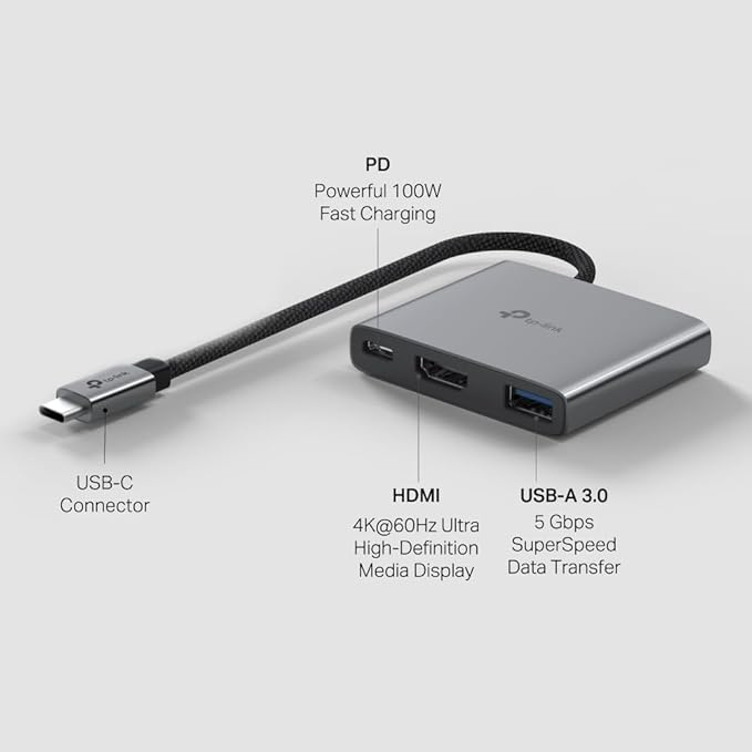 TP-Link USB C Hub 3-in-1 Multiport Adapter (UH3020C) | 4K HDMI | 100W Power Delivery | 1×USB-A 3.0 Port | 5Gbps High-Speed Transfer | USB C Dongle for MacBook, iPad, ThinkPad and More | Plug and Play