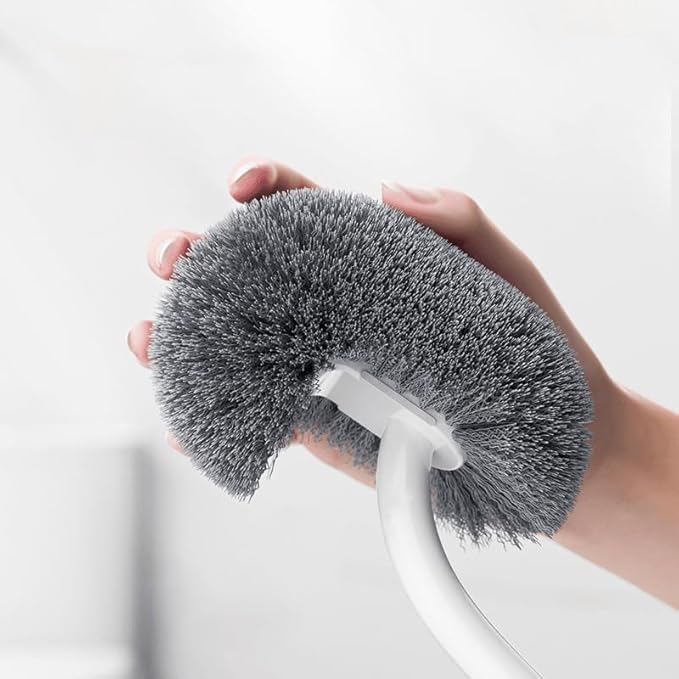 Modern Curved Toilet Brush Set with Wall Mount, Long Handle for Deep Cleaning, White Handle Gray Bristles, 2-Piece No-Stain Bathroom Cleaning Brush