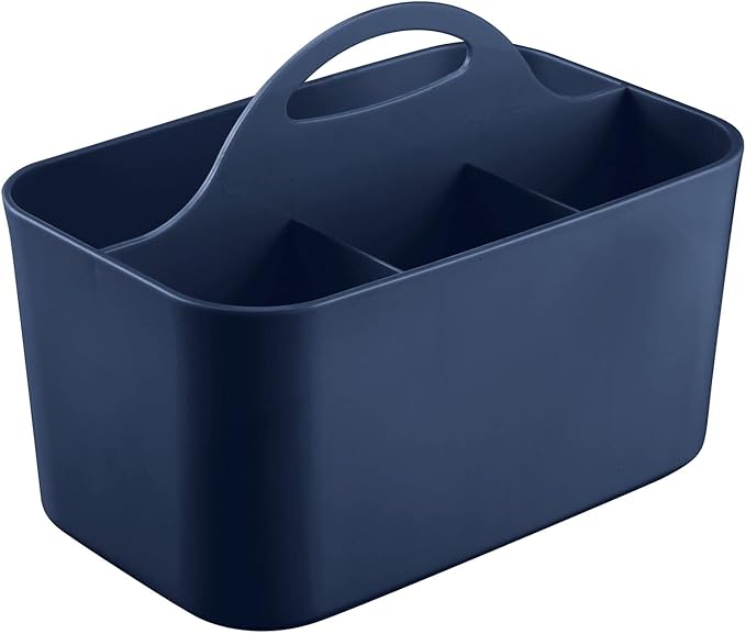 mDesign Plastic Portable Craft Storage Organizer Caddy Tote, Divided Basket Bin w/Handle - Craft, Sewing, Art Supplies - Holds Brushes, Colored Pencils - Lumiere Collection - Navy