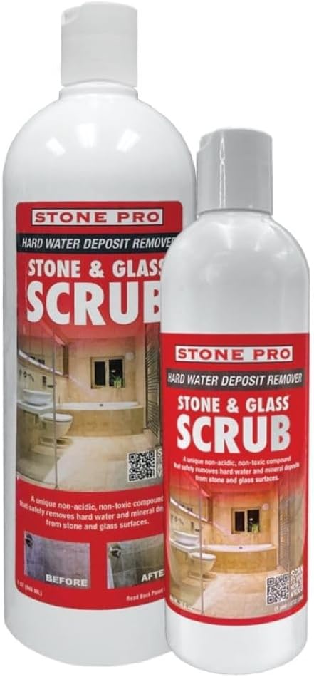 Stone Pro Stone and Glass Scrub - Hard Water Stain Remover - Remove Spots on Glass, Natural Stone, Quartz, & Metal Fixtures (Quart)