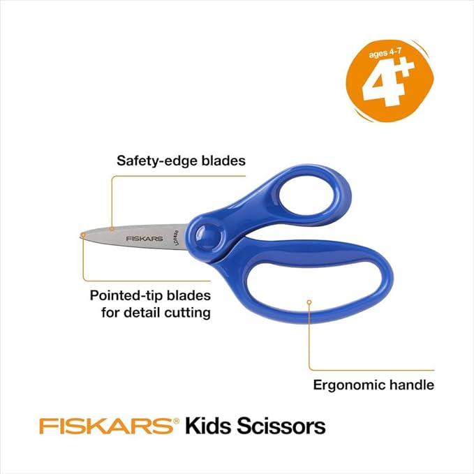 Fiskars 5" Pointed-Tip Scissors for Kids Ages 4-7 - Scissors for School or Crafting - Back to School Supplies - Blue