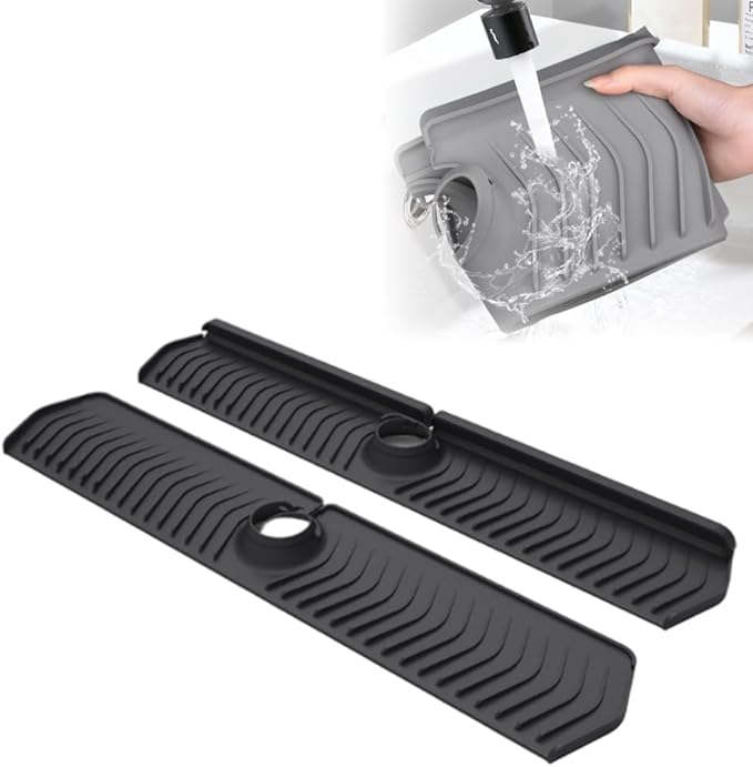 Kitchen Sink Faucet Mat, 2025 New Foldable Faucet Mat for Kitchen Sink, 30in Silicone Faucet Guard & Draining Mat Keep Countertops Dry Splash Guard (Black, 30in)