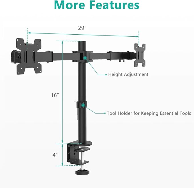 WALI Dual Monitor Stand for Desk, Dual Monitor Mounts for 2 Monitors up to 27 inch, 2 Monitor Desk Mount Holds up to 22 lbs, Height Adjustable Swivel Tilt Rotation, 75x75/100x100mm (M002), Black