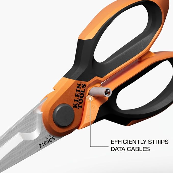 Klein Tools 2100CS Stainless Steel Electrician Scissors with Serrated Blade and Cable Stripper, Shears for Wire and Cable Cutting, 7-Inch