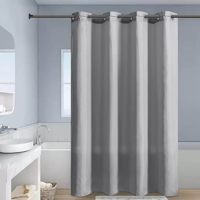 Furlinic No Hook Extra Wide Shower Curtain,Polyester Fabric Shower Curtain Liner with 14 Plastic Split Grommets,Hotel Style Machine Washable & Waterproof Curtains for Bathroom,Light Grey 108x72 Inch