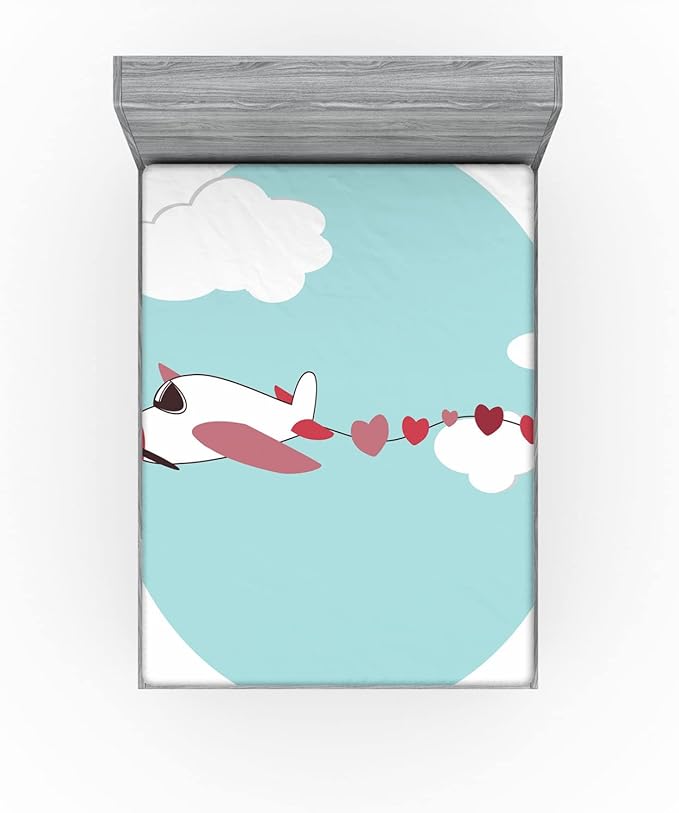 Ambesonne Airplane 2 Pack Fitted Sheet, Romantic Hearts in The Sky, Bed Cover All-Round Elastic Deep Pockets 2 Pieces, Package Contains 2 Queen Size Fitted Sheets, Dried Rose and Pale Seafoam