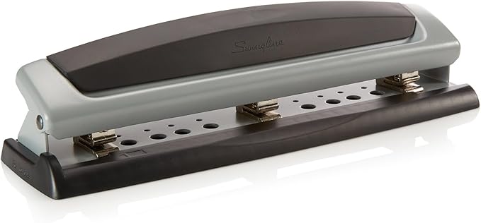Swingline 3 Hole Punch,10 Sheet Capacity Three Hole Puncher 3 Ring,Adjustable 2-3-Hole Paper Punch,Precision Pro,Black & Silver (74037),(Pack of 12)