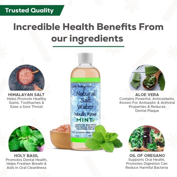 Natural Pink Himalayan Saltwater Mouth Rinse | Organic Mint Flavor I Fluoride Free Freshens Breath | Alcohol & Cruelty Free | Teeth Cleaner Mouthwash & Rinse for Healthy Gums | Non GMO-16 FL Oz