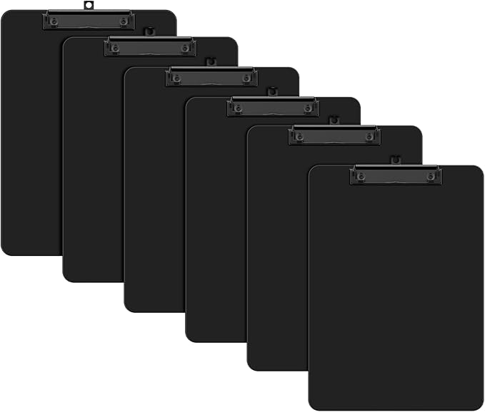 Plastic Clipboard Set of 6, 12.5 x 9'' Letter Size for Classroom, Students, Teacher, Nurse, A4 Black 8.5 x 11'' Clip Board with Low Profile Black Clip, Office & School Supplies