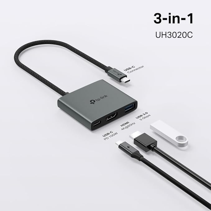 TP-Link USB C Hub 3-in-1 Multiport Adapter (UH3020C) | 4K HDMI | 100W Power Delivery | 1×USB-A 3.0 Port | 5Gbps High-Speed Transfer | USB C Dongle for MacBook, iPad, ThinkPad and More | Plug and Play