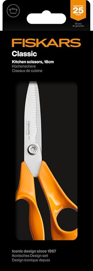 Fiskars Classic Kitchen Scissors, Serrated Blades, Right-Handed use, Total Length: 18.7 cm, Improved Torx Screw and More Ergonomic Handle, Quality Steel/Plastic, Orange, 1075051