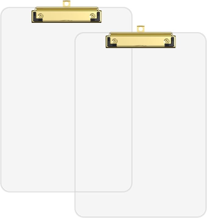 Clear Plastic Clipboard Set of 2, 12.5 x 9'' Letter Size for Classroom, Students, Teacher, Nurse, A4 Transparent 8.5 x 11'' Clip Board with Low Profile Golden Clip, Office & School Supplies