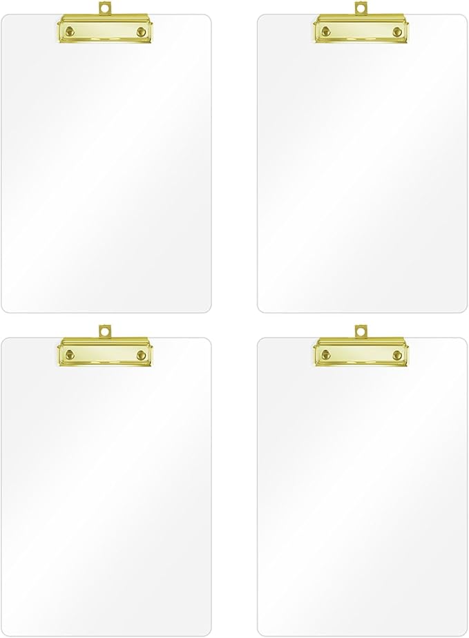 Honagu Acrylic Clear Clipboards, 8.5x11 Plastic Clipboard with Gold Strong Clip Hidden Hanging Hole, A4 Letter Size Clipboards for Nurses, Doctors, Art Student, Teachers,School & Office Supplies, 4PC
