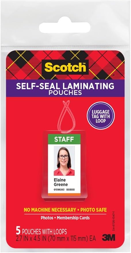 Scotch Self-Sealing Laminating Pouches, Luggage Tag Size (fits 2.5″ x 4.5″ Items) – 5 Pack with Loops for DIY Bag Tags & ID Labels