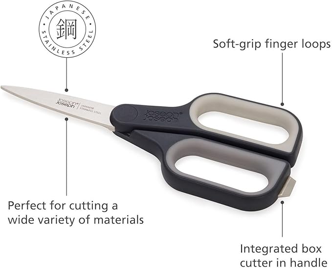 Joseph Joseph PlusCut All Purpose Kitchen Scissors with Integrated Box Cutter, Japanese Stainless-Steel Blades, Soft-Grip Handles
