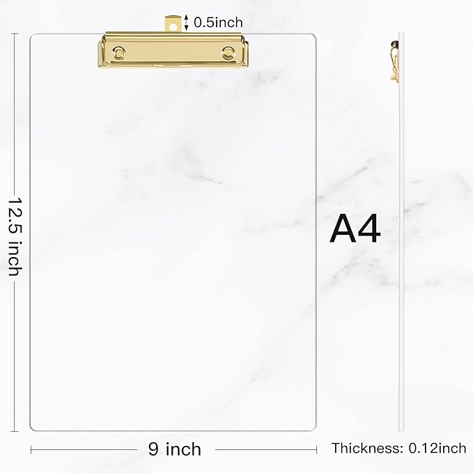 Piasoenc Acrylic Clipboards, Fashion Glitter Clip Board with Low Profile Gold Clip, Designed for Classroom School and Office Use, A4 Letter Size 9 x 12.5 in,Clear