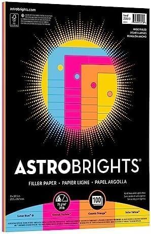 Astrobrights Filler Paper, 8" x 10 1/2", Wide Ruled, 20 Lb | FSC Certified | Assorted Colors | 100 Sheets, Pack of 6