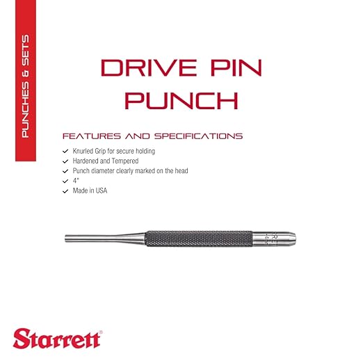 Starrett Drive Pin Punch with Knurled Grip for Driving Pins Into or Out of a Workpiece - Hardened and Tempered Steel, 4" Length, 5/32" Punch Diameter - 565D