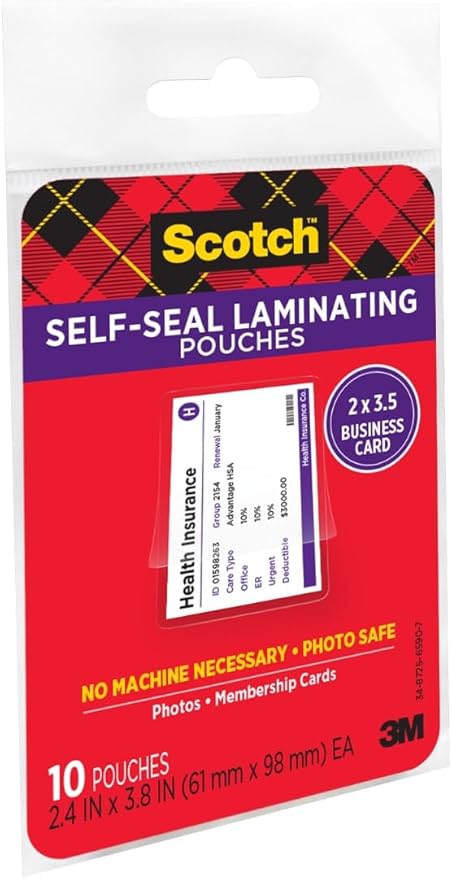 Scotch Self-Sealing Laminating Pouches, Business Card Size 2.4 in x 3.8 in, Great for Gift Tags, 10-Pack