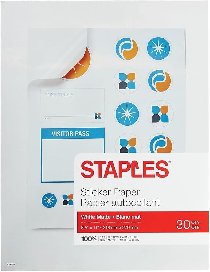 Staples Matte White Sticker Paper 8.5" X 11" (30 Sheets), For Office, School & Home