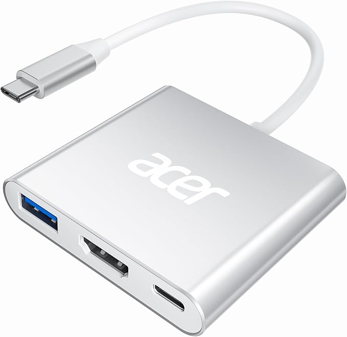 Acer USB C to HDMI Adapter, 4K USB C Hub with 100W PD, USBA 3.0 Port, HDMI to USBC Multiport Digital AV Converter for MacBook Pro/Air, iPad, Tablets, TV, Monitor and More (Silver)