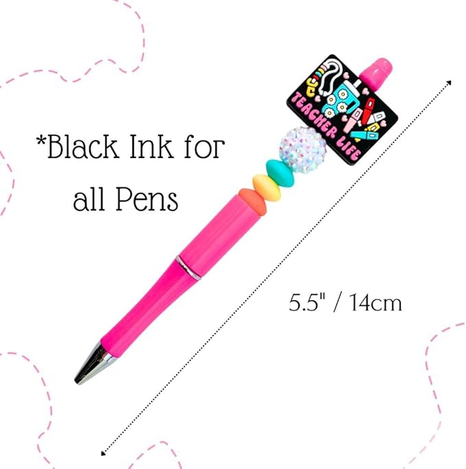 8PC Teacher Beaded Pens Ballpoint Black Pen Set Assorted Cute Stylish Colorful Writing Kit Office Supply Bulk Accessory Pack Gift Bundle Stationery Supplies for Women Teach Love Inspire Appreciation