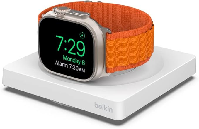 Belkin Apple Watch Charger - Fast Wireless Charging Pad - Travel Charger with Nightstand Mode - MagSafe Charging Station W/USB-C Cable Included for Apple Watch (All Models) - White