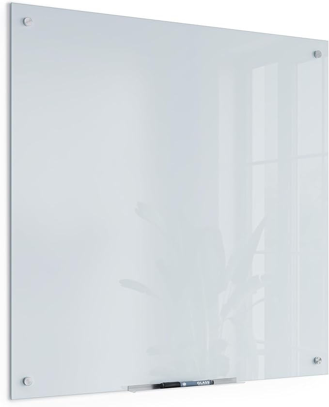 U Brands Glass Dry Erase Board, 36" x 36", 3'x3', White Frosted Surface with Silver Grommets, Frameless, Includes Marker