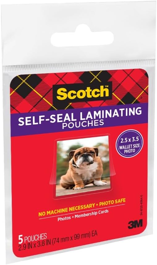 Scotch Repositionable Self-Sealing Photo Laminating Pouches, Small (2.9″ x 3.8″) – 5 Pack, No-Machine Adjustable Lamination for Photos & Cards