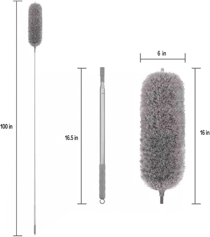 Microfiber Cobweb Duster with 16-100 Inch Extension Pole, Washable Cleaning Duster Kit with 2 Duster Heads Bendable Washable Head Ceiling Fan Duster for High Ceilings, Blinds, Furniture & Car Cleaning