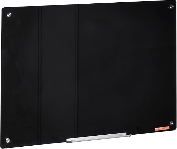 VEVOR Magnetic Glass Whiteboard, Dry Erase Board 36"x24", Wall-Mounted Large White Glassboard Frameless, with Marker Tray, an Eraser and 2 Markers, Black