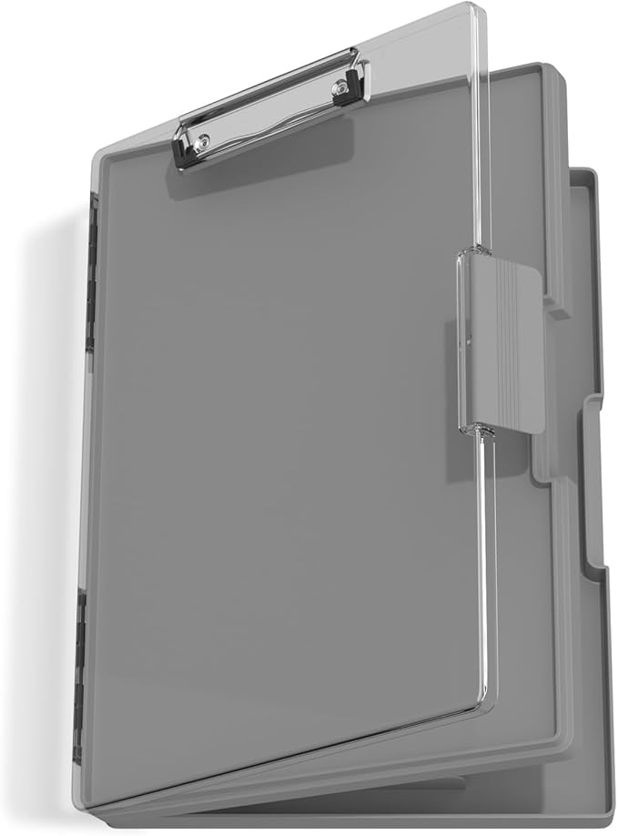 Hongri Clipboard with Storage, Grey 8.5 x 11 Folder Nursing Side Opening, Heavy Duty with Dual Compartment, Dry Erase Clear Cover, Smooth Writing for Teachers, Classroom, Office & School Supplies