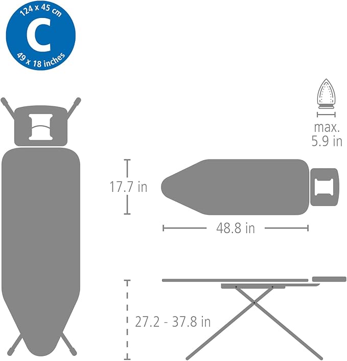 Brabantia - Ironing Board C - Flexible Steam Iron Rest - Adjustable in Height - Non-Slip Rubber Feet - Cover and Pad - Solid Foldable Unit - Denim Black - 49x18 Inches