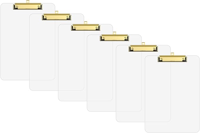 Clear Plastic Clipboard Set of 6, 12.5 x 9'' Letter Size for Classroom, Students, Teacher, Nurse, A4 Transparent 8.5 x 11'' Clip Board with Low Profile Golden Clip, Office & School Supplies