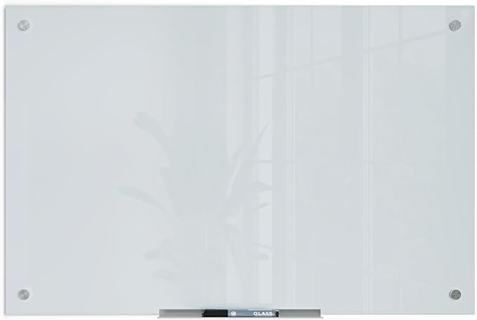 U Brands Glass Dry Erase Board, 24" x 36", White Frosted Surface With Silver Grommets, Frameless, Includes Marker With Eraser