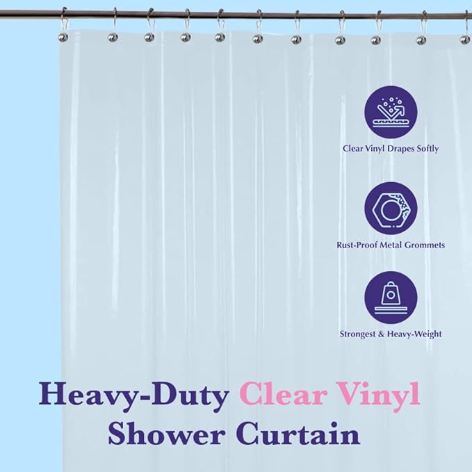 Epica Shower Curtain – Strongest Heavy-Duty Clear Vinyl 72x72 Shower Curtain Liner – Stain & Soap Scum Resistant with Rust-Proof Metal Grommets (Clear)