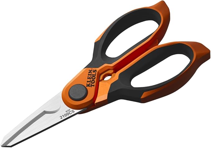 Klein Tools 2100CS Stainless Steel Electrician Scissors with Serrated Blade and Cable Stripper, Shears for Wire and Cable Cutting, 7-Inch