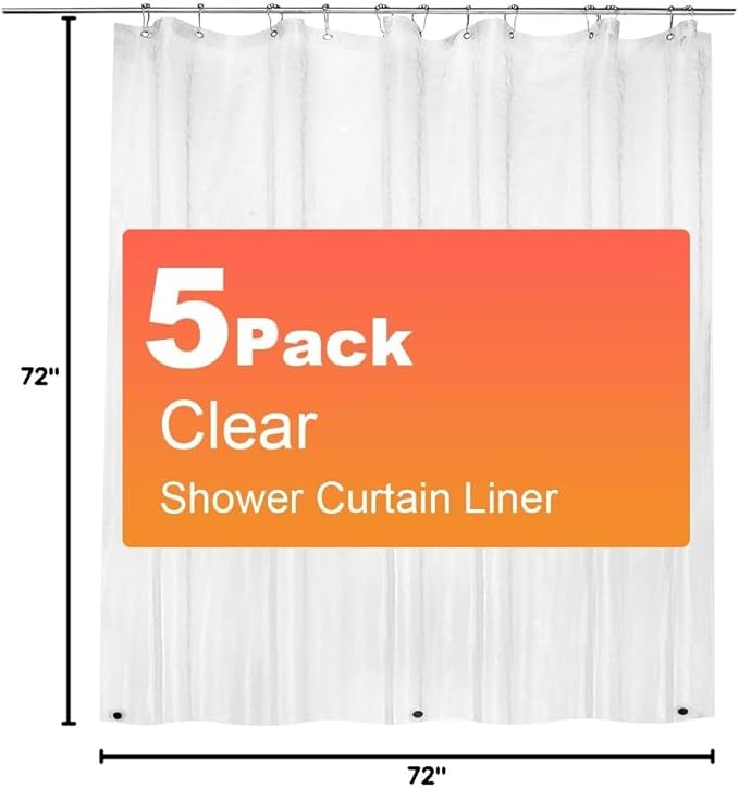 5 Pack PEVA Plastic Shower Curtain Liner Premium Light Weight 72" x 72" Clear Bathroom Shower Showroom Curtain Liner with Rustproof Metal Gromments and Weighted Magnet