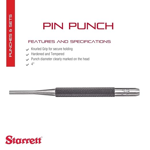 Starrett Drive Pin Punch with Knurled Grip for Driving Pins Into or Out of a Workpiece - Hardened and Tempered Steel, 4" Length, 1/8" Diameter - 565C, Brass Material, Loaded Style