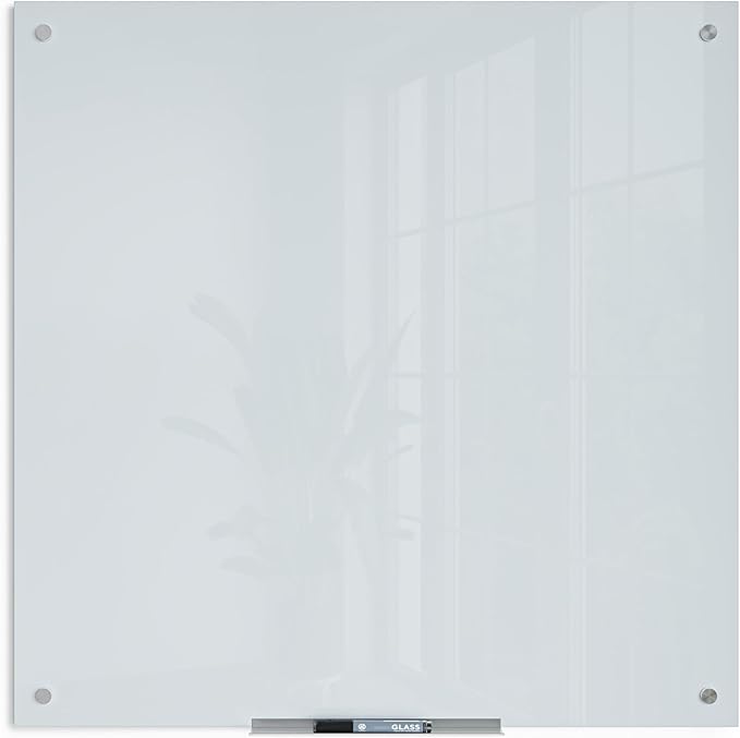 U Brands Glass Dry Erase Board, 36" x 36", 3'x3', White Frosted Surface with Silver Grommets, Frameless, Includes Marker