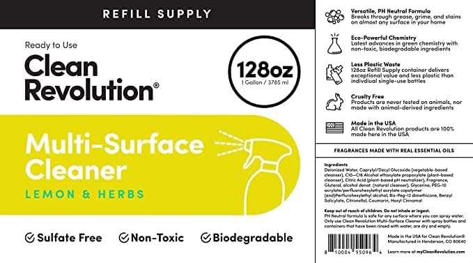 Clean Revolution Multi-Surface Cleaner Refill Supply | Non-Toxic, Eco-Friendly & Plant-Based | Ready To Use | Lemon & Herbs | 128 Fl Oz, 4 Pack, 512 Total Fl Oz