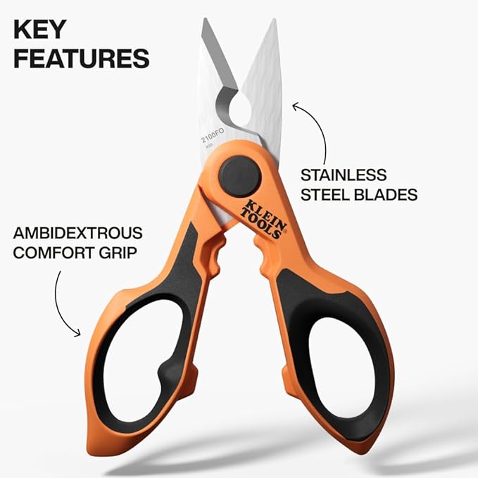 Klein Tools 2100FO Stainless Electrician Scissors with Serrated Blade and Cable Stripper, Compact Shears for Wire and Cable Cutting, 6-Inch