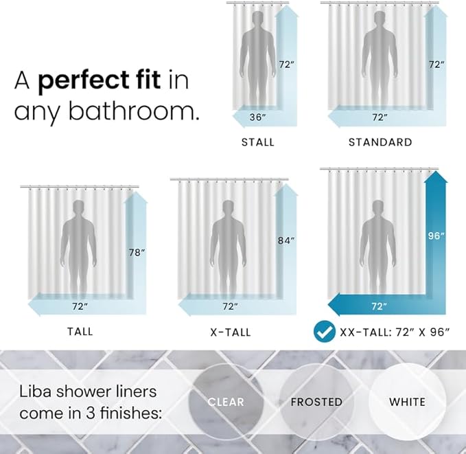 LiBa Bathroom Shower Curtain - Waterproof Plastic Shower Curtain Premium PEVA Non-Toxic with Rust Proof Grommets White 8G Heavy Duty Bathroom Accessories 72x96