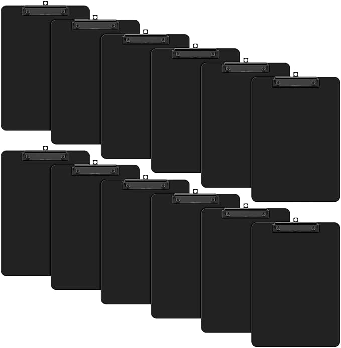 Plastic Clipboard Set of 12, 12.5 x 9'' Letter Size for Classroom, Students, Teacher, Nurse, A4 Black 8.5 x 11'' Clip Board with Low Profile Black Clip, Office & School Supplies
