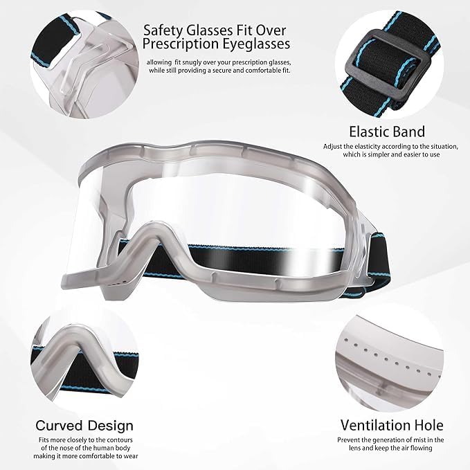 Chemistry Lab Safety Goggles,that Fit Over Glasses,Scientific, Construction, Woodworking, Anti-Fog,Splash,Vent
