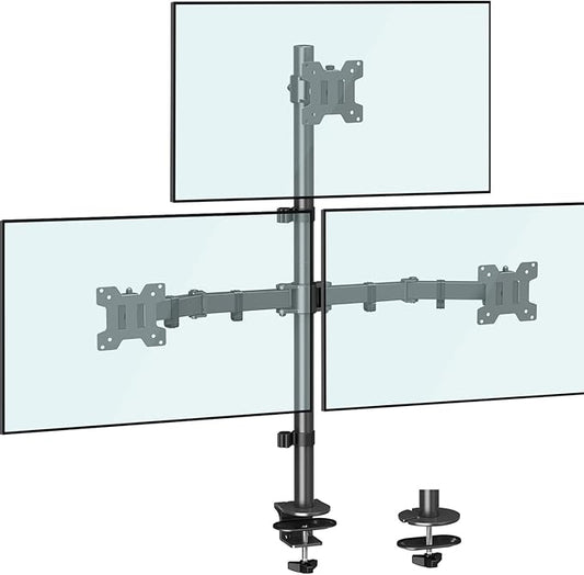 MOUNTUP Triple Monitor Stand, Height Adjustable Monitor Desk Mount Fit for 17 to 32 Inch Computer Screens, Stacked Monitors Arm for 3 Monitors, with C-Clamp and Grommet Base, up to 17.6lbs per Arm