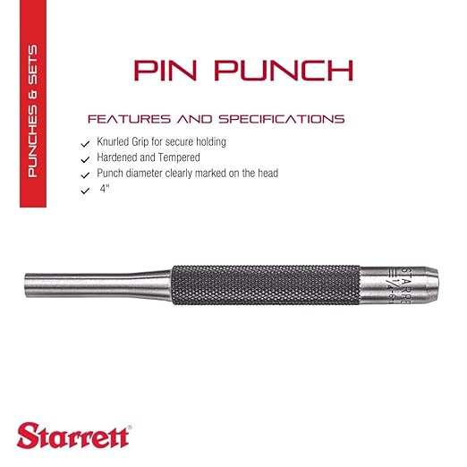 Starrett Drive Pin Punch with Knurled Grip for Driving Pins Into or Out of a Workpiece - Hardened and Tempered Steel, 4" Length, 1/4" Punch Diameter - 565G