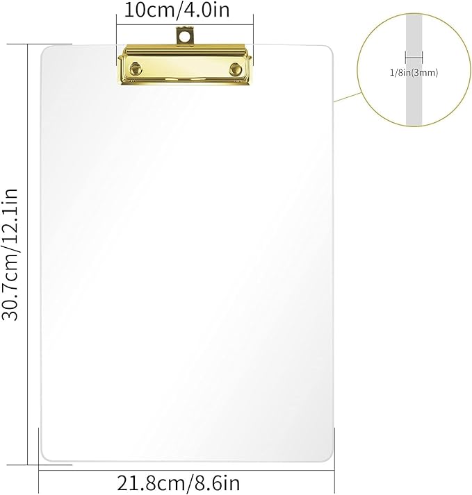 Honagu Acrylic Clear Clipboards, 8.5x11 Plastic Clipboard with Gold Strong Clip Hidden Hanging Hole, A4 Letter Size Clipboards for Nurses, Doctors, Art Student, Teachers,School & Office Supplies, 1PC