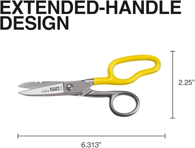Klein Tools 2100-8 Free-Fall Electrician Snips, Made in USA, 6.25-Inch Stainless Steel Scissors with Stripping Notches, Fully Serrated Blade, Extended Handle, Electrical and Heavy-Duty Applications